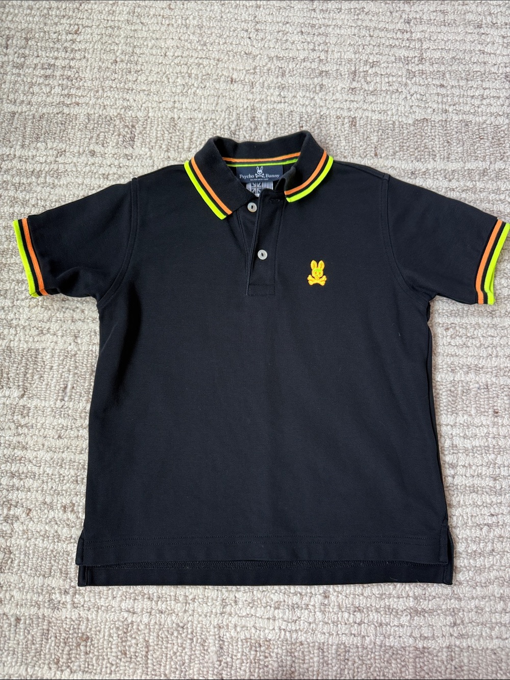 Psycho Bunny Black Polo with Neon Yellow & Orange Trim